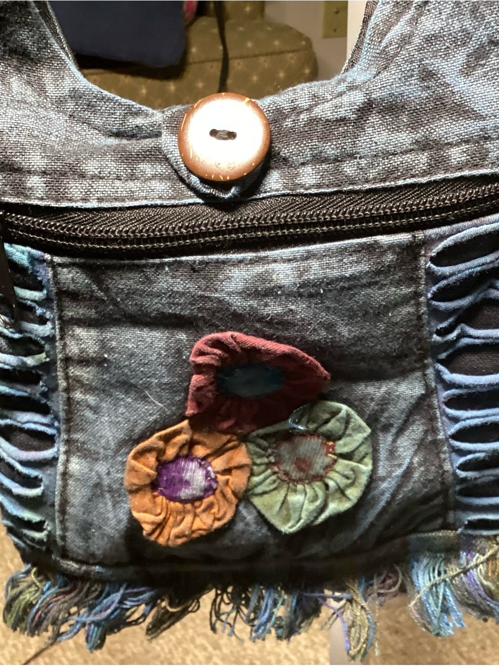 Denim Floral Applique Crossbody Bag - Blue